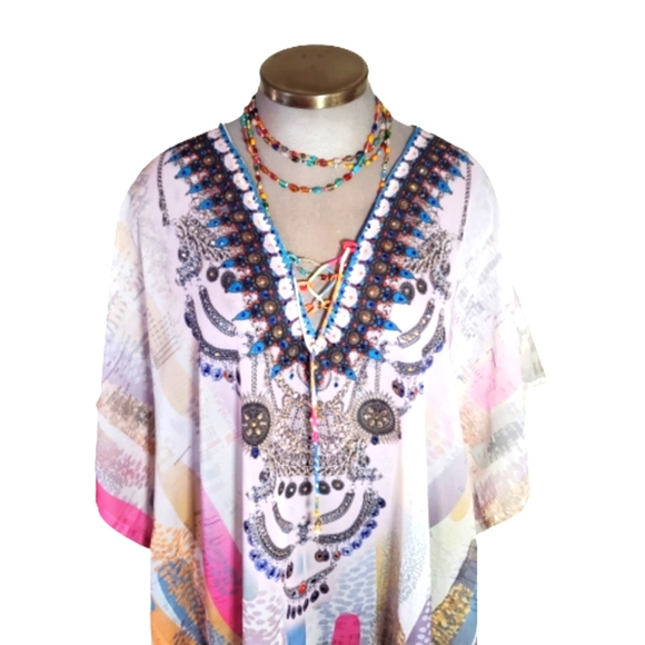 COLORFUL ☆ RHINESTONE ACCENTED ☆ CAFTAN TOP/POOL COVER-UP ☆ NWT - Picture 2 of 15